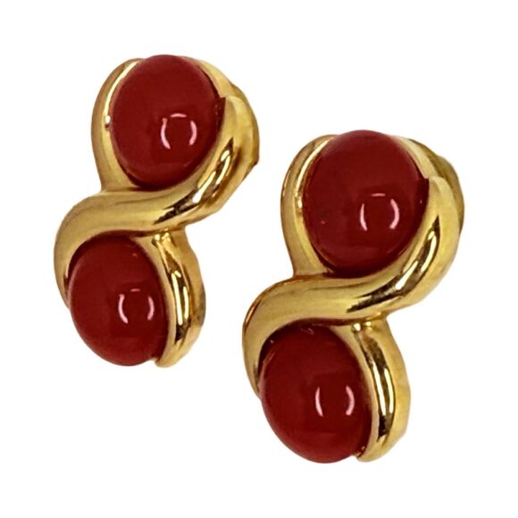 Vintage Napier Signed Cherry Red Earrings 3/4" Gold Tone Pierced Enamel - Picture 1 of 10